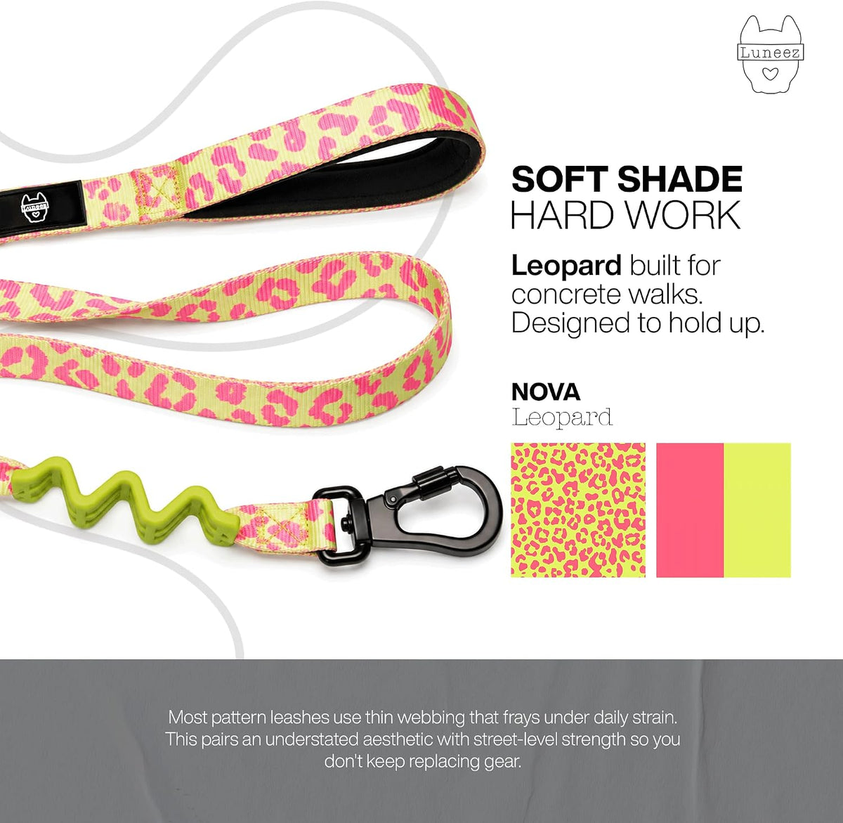 Luneez Nova Dog Bungee Leash – Pink & Lime Leopard