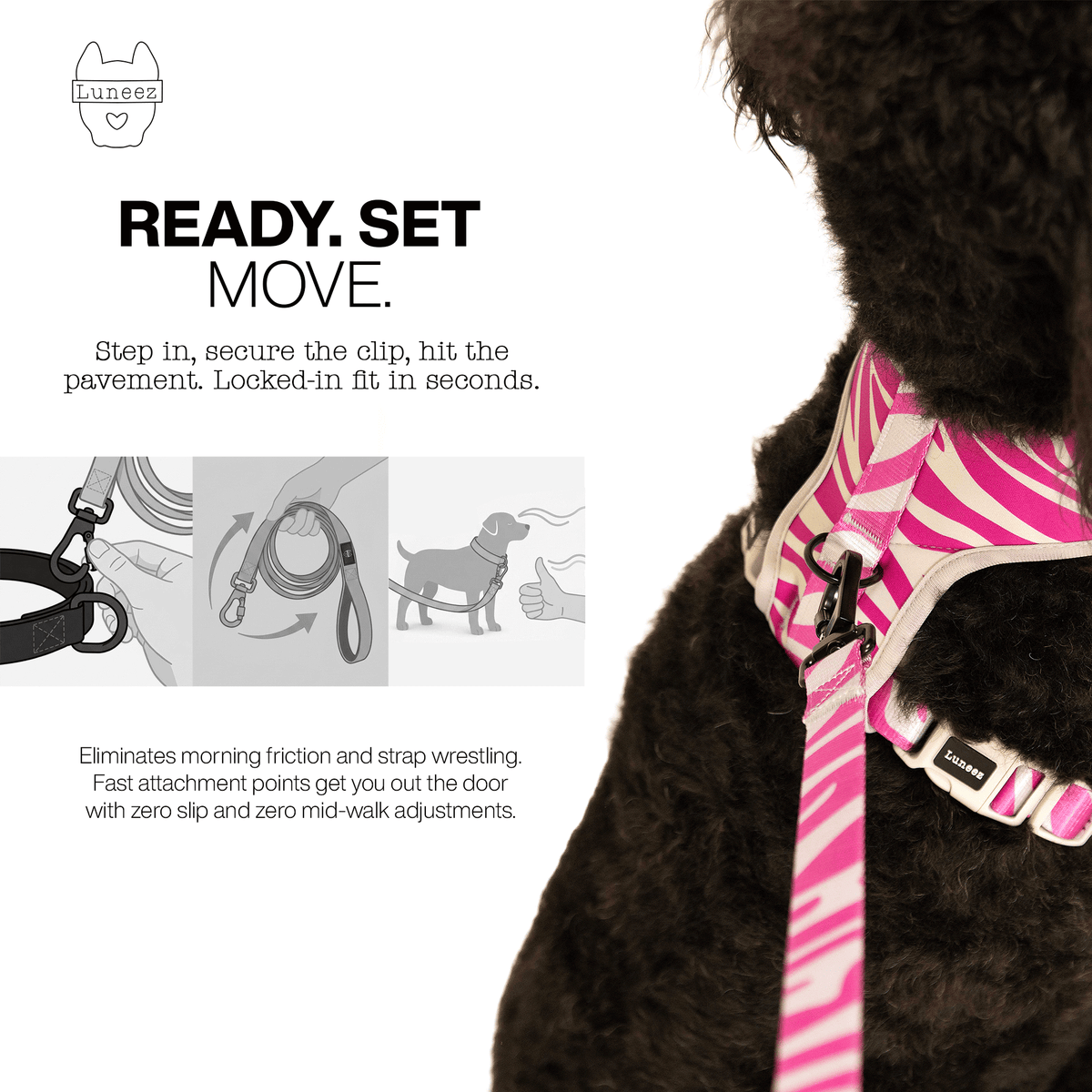 Luneez Riot Dog Leash – purple and grey zebra print