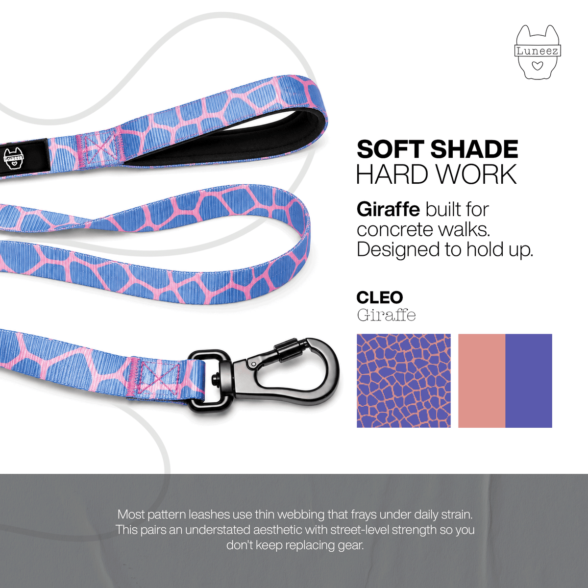 Luneez Cleo Dog Leash – pink and blue giraffe print