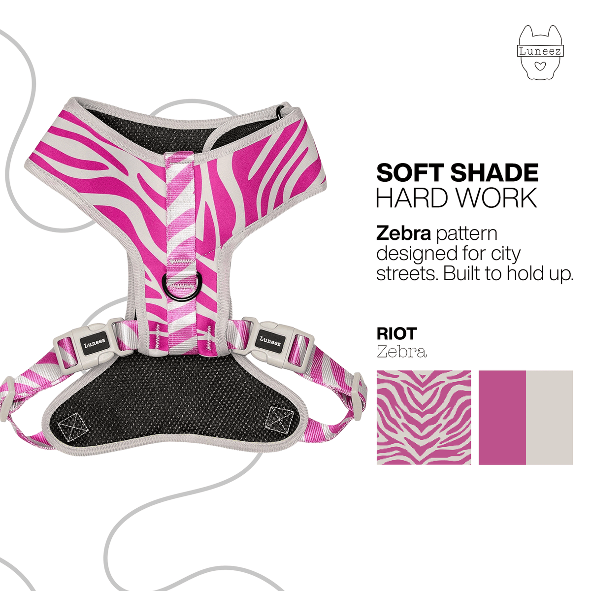 Luneez Riot Dog Vest Harness – purple and grey zebra print