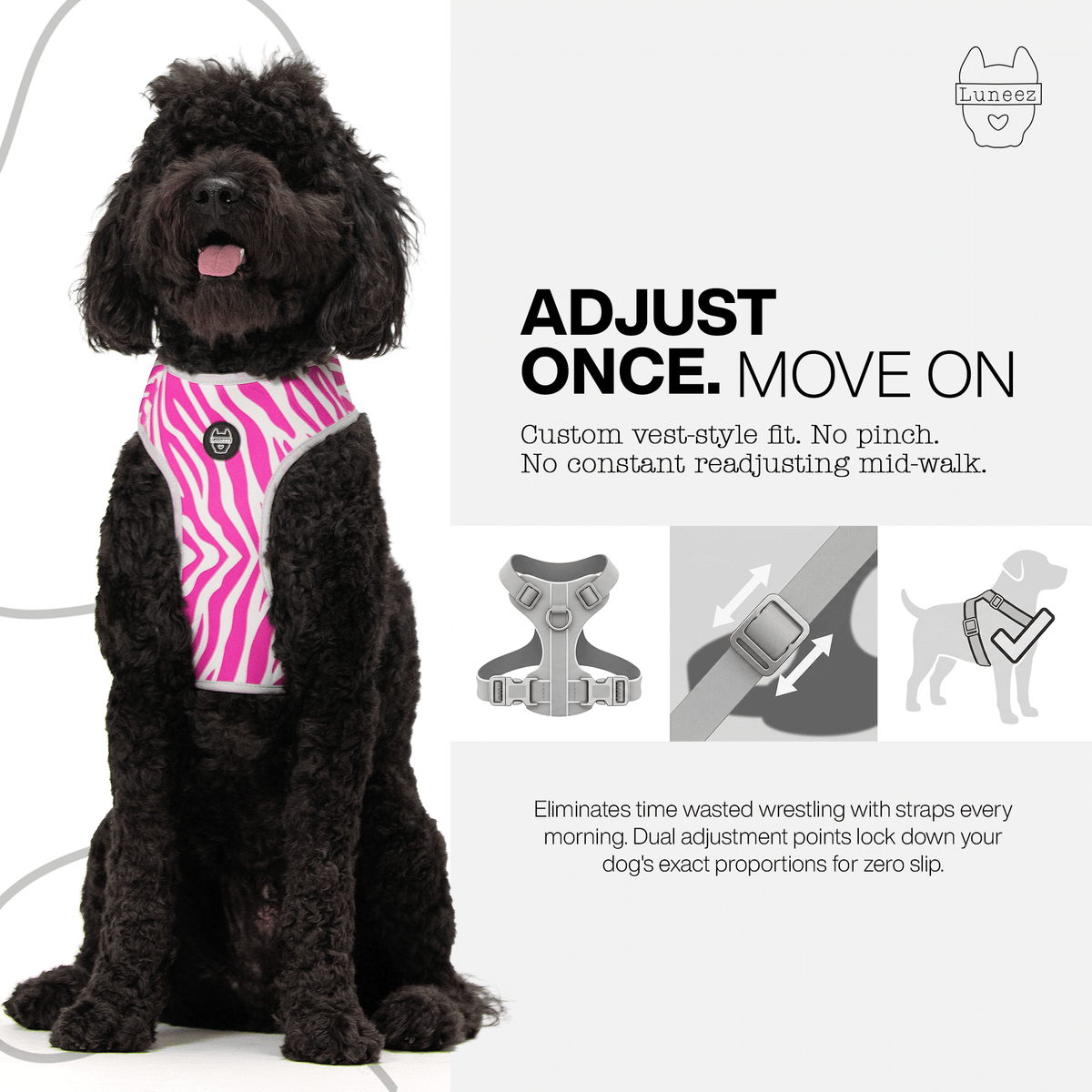 Luneez Riot Dog Vest Harness – purple and grey zebra print