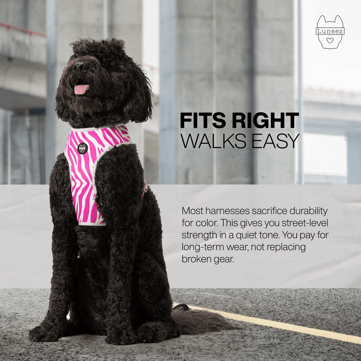 Luneez Riot Dog Vest Harness – purple and grey zebra print