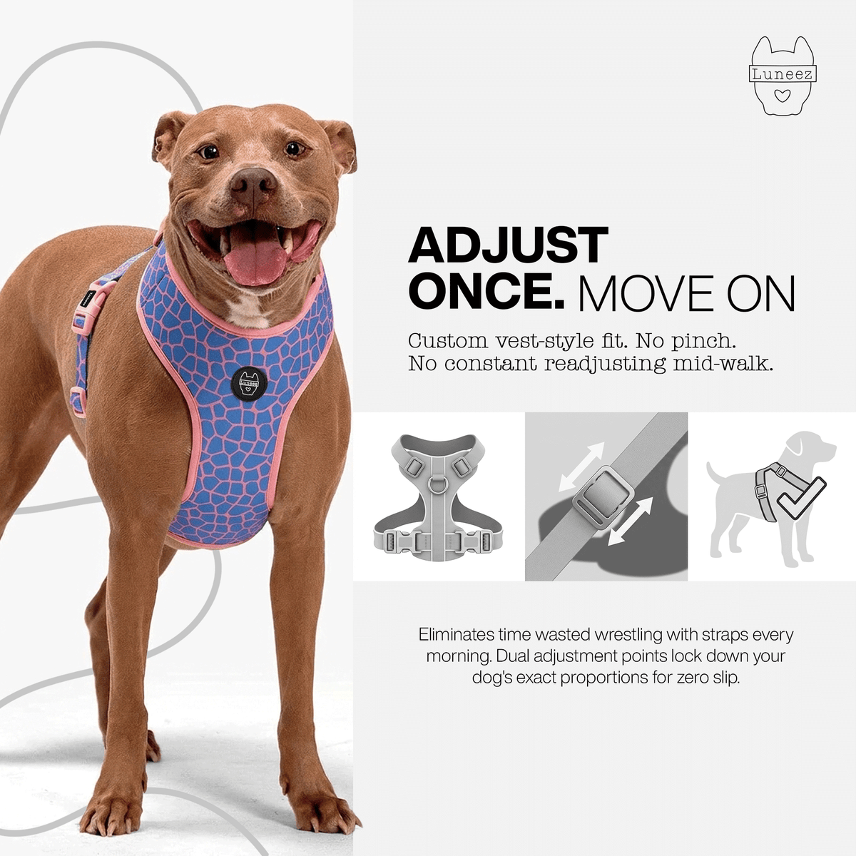 Luneez Cleo Dog Vest Harness – pink and blue giraffe print