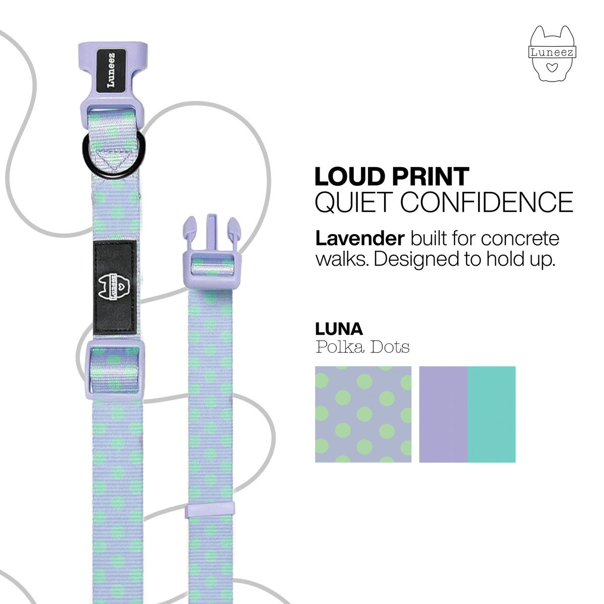 Luneez Luna Dog Collar – lavender and neon green polka dots