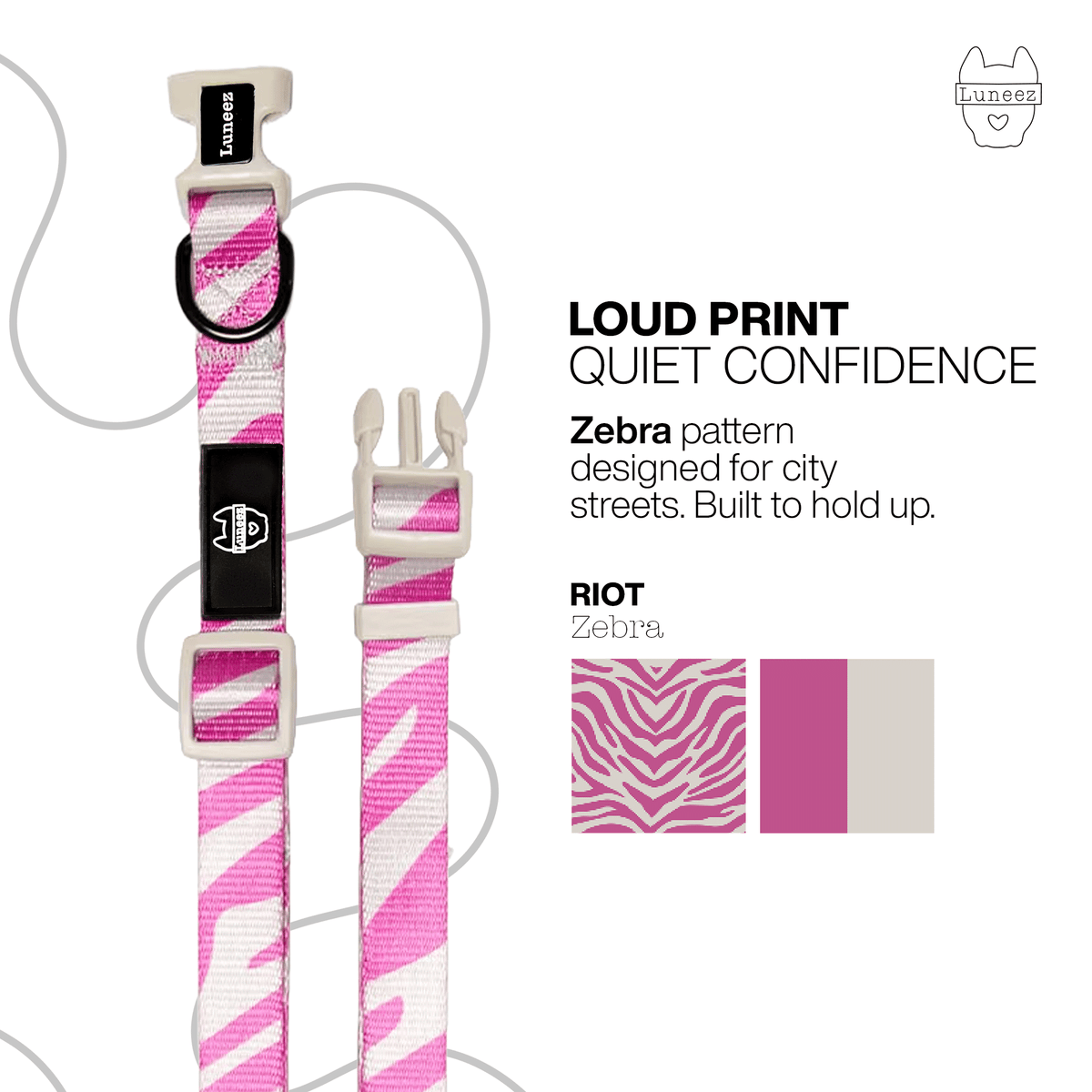 Luneez Riot Dog Collar – purple and grey zebra print