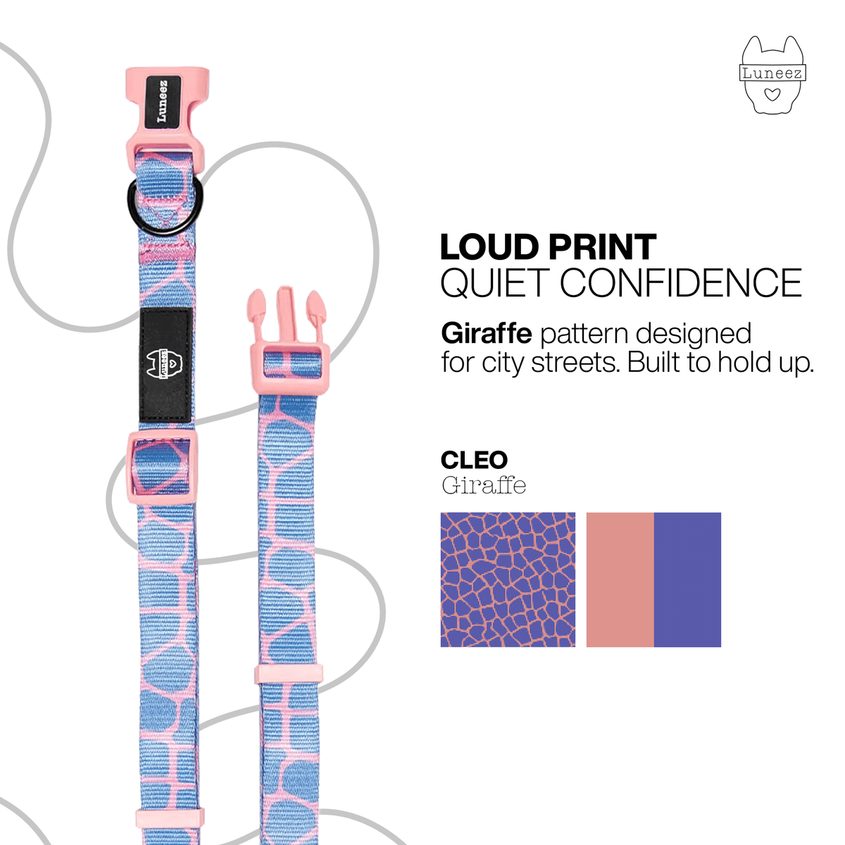 Luneez Cleo Dog Collar – pink and blue giraffe print